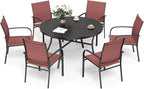 7 Piece Outdoor Dining Set for 6, 54" Round Metal Table with Umbrella Hole, 6 Red Dining Chairs, Patio Table and Chairs Set for Backyard Lawn