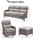 Rilyson Wicker Outdoor Patio Furniture Set - 5 Piece Patio Conversation Sets with Swivel Rocker Chairs, Ottomans and Sofa, 6 inch Cushions, Waterproof Wicker, for Porch Deck Brown/Beige