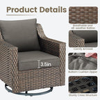 Outdoor Wicker Patio Furniture Set - 5 Piece Outside Rattan Conversation Bistro Dining Chair Sets with Rocking Swivel Chairs, Ottomans and Side Table for Porch Yard Balcony – Brown/Grey