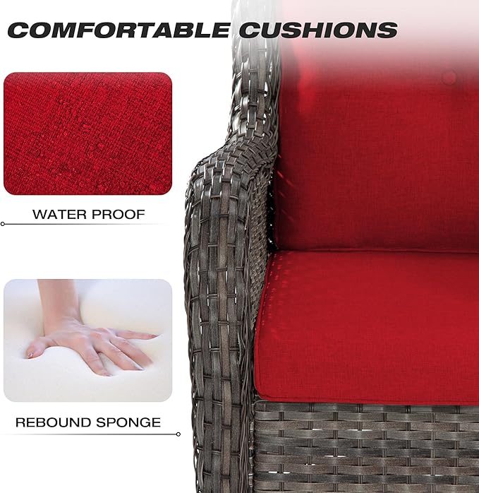 Joyside 4 Pieces Outdoor Patio Furniture Set Wicker Conversation Bistro Set 2 PE Wicker Patio Chairs with 2pcs Ottomans for Backyard, Porch, Balcony(Mixed Grey/Red)
