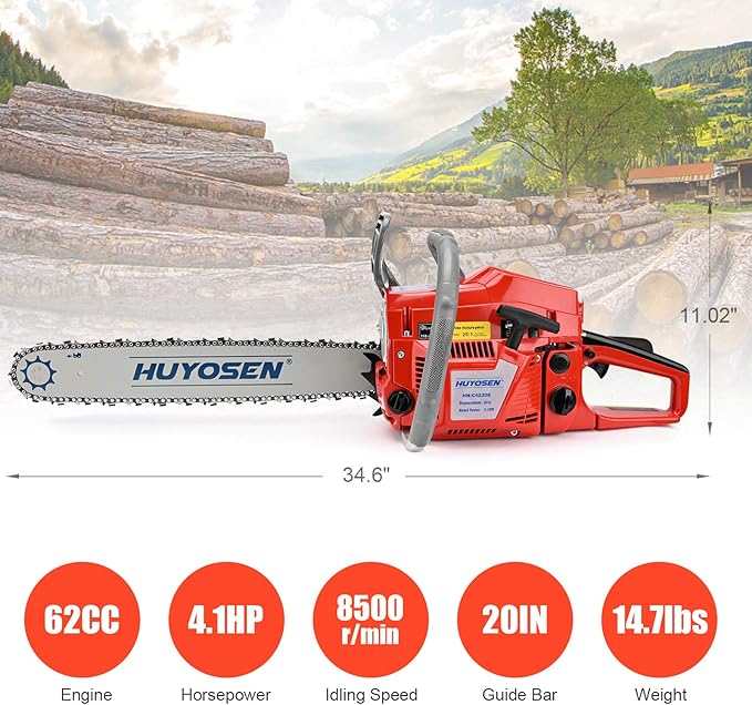 62CC Gas Chainsaw, 20 Inch Power Chain Saw, 2-Cycle Handed Petrol Chainsaws Gasoline Chainsaws Garden Tool for Cutting Trees, Wood, Outdoor Home Garden and Farm Use
