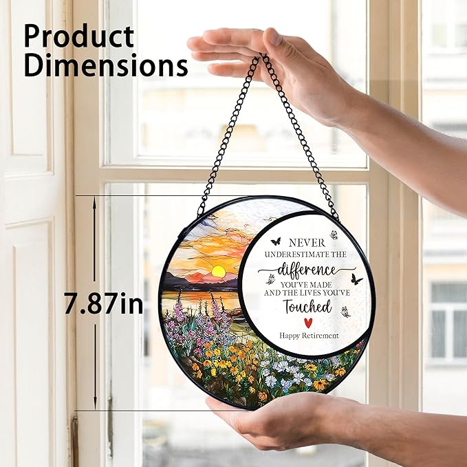 TNUW Retirement Gifts Flower Stained Glass Window Hanging, Difference Maker Gift Sun Catchers Indoor Window Glass Round Wall Art Decor, Retired Gifts for Woman Wall Hanging Decorations, 7.9＂x7.9＂