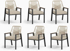 Patio Wicker Chair Sets of 6, Outdoor Dining Chairs with 3.1 inch Seat Cushions, Sturdy Metal Frame & Wood Grain Armrest, Beige