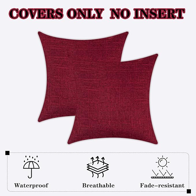 Kevin Textile Pack of 2 Outdoor Waterproof Throw Pillow Covers Decorative Farmhouse Checkered Square Solid Cushion Cases for Patio Garden Porch Sofa Red 18x18 inch
