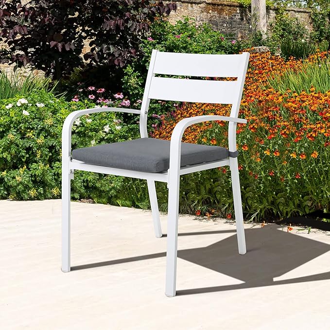 Soleil Jardin Outdoor Aluminum 2-Piece Patio Dining Chairs with Cushions, Stackable Bistro Chairs for Balcony, Garden, Backyard, White Finish & Grey Cushion