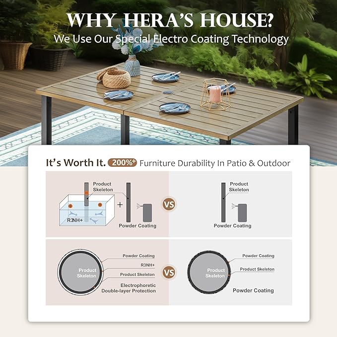 HERA'S HOUSE 7-Piece Outdoor Dining Set for 6, 60" Weather-Resistant Metal Patio Table with 6 Foldable Blue Chairs, Perfect for Garden, Backyard, Porch & Lawn (Space-Saving Design)