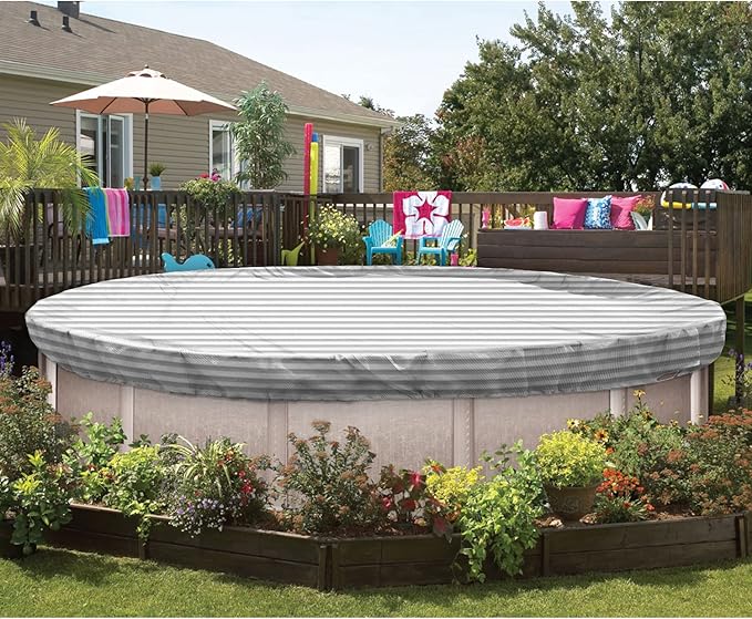 ECOOPTS 13 ft Round Pool Cover for Above Ground Pools, Swimming Pool Cover Protector Winter Safety Cover (Gray White Stripes)