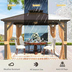 YOLENY 12' x 12' Gazebo Hardtop with Aluminum Frame,Galvanized Steel Double Roof Gazebos with Curtain and Netting,Outdoor Metal Pergolas for Garden, Lawn, Deck, Brown