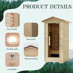 1 Person Outdoor Infrared Sauna - 3D Fast Heating Home Spa Sauna w/Chromotherapy Light, Wooden Sauna Room Kit w/Bluetooth Speaker (CE Certified,110V)