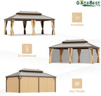 14'x22' Hardtop Gazebo Outdoor Aluminum Patio Gazebo Double Roof Galvanized Steel Canopy with Netting and Curtains for Garden, Backyard, Deck and Lawns