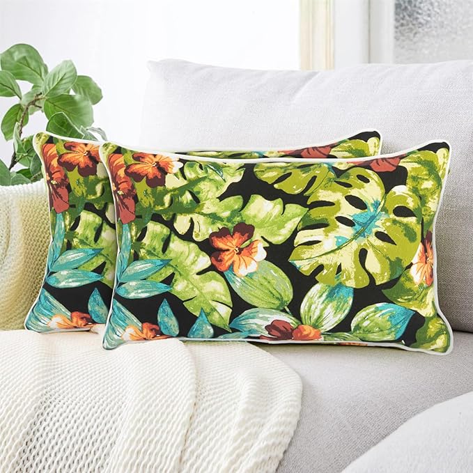 Lumbar Pillow with Insert, Set of 2, Outdoor Indoor Waterproof Decorative Patio Lumbar Pillow 12x20 Inch, Rectangular Cushion for Couch Sofa Garden Farmhouse Decoration-Tropical Green Leaves