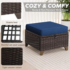 2 Pieces Patio All-Weather Wicker Ottomans with Cushions, PE Rattan Outdoor Conversation Furniture Set for Backyard, Deck, Lawn (Navy Blue)