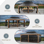 PURPLE LEAF 12' X 18' Outdoor Hardtop Gazebo for Patio Galvanized Steel Double Roof Permanent Canopy Teak Finish Coated Aluminum Frame Pavilion Gazebo with Netting