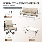 HERA'S HOUSE 4 Piece Patio Furniture Set, 2 x Swivel Cushioned Chair, 3-Seat Sofa with Marbling Coffee Table, All Weather Outdoor Conversation Set for Lawn Garden Backyard