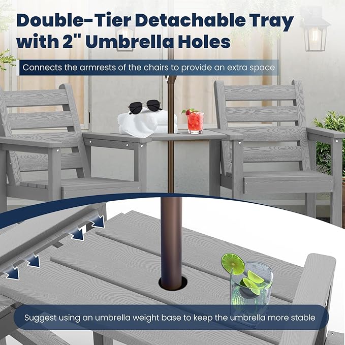 Tall Adirondack Chairs Set of 2, All Weather HDPE Poly Bar Height Balcony Adirondack Chair with Removable Double Connecting Trays, Outdoor Adirondack Barstools for Deck, Patio, Yard, Pool, Lawn