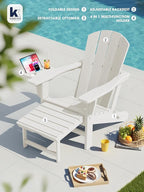 KINGYES Adjustable Folding Adirondack Chair with Footrest & 4-in-1 Multi-Functional Armrest Organizer Set of 4, HDPE Foldable Reclining Adirondack Chair with Pull-Out Ottoman, White