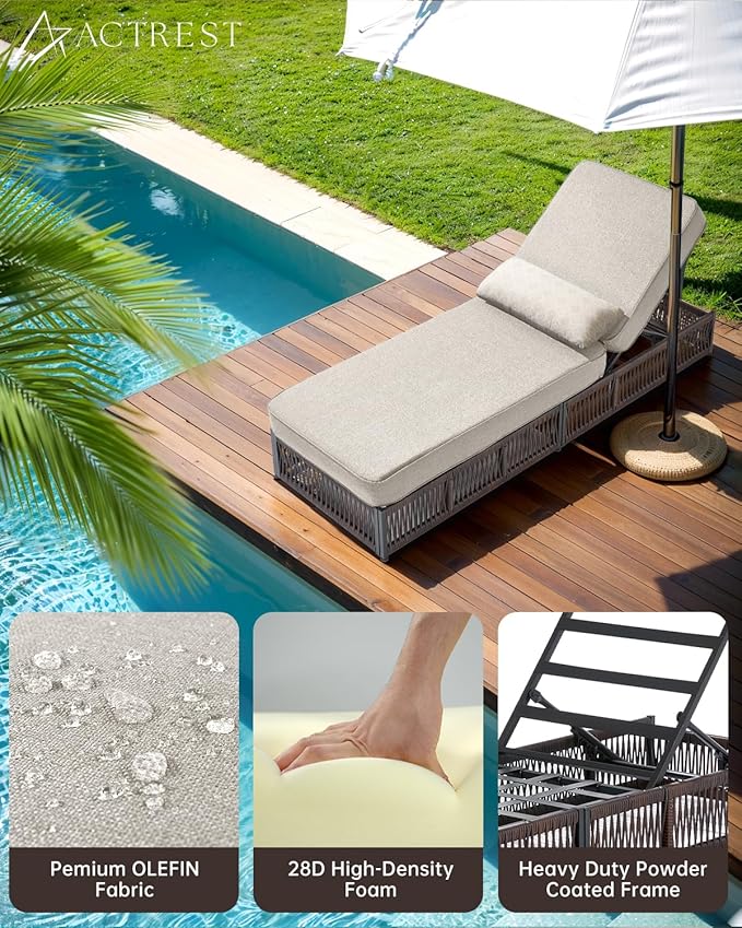 Luxury Outdoor Chaise Lounge with 5 Inch Thickened Cushions - 1 Set High Back Brown Wicker Patio Recliners Rattan Reclining Chairs Porch Poolside Pool Sunbathing Lounger - Beige