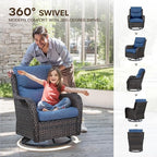 Patio Conversation Set with Smile-Shaped Cushions, Luxury Outdoor Swivel Chairs with Side Table and Ottomans, 5PCS PE Rattan Swivel Glider Chairs Set, Brown Wicker|Blue Cushions