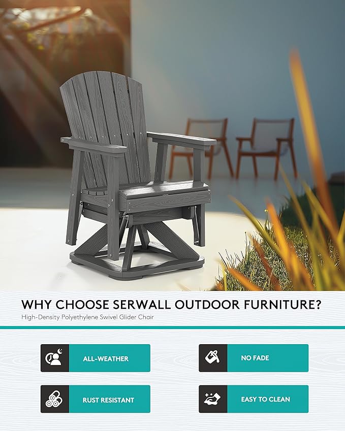 SERWALL Adirondack Swivel Glider Chair, HDPE Patio Swivel Glider Set of 2, All-Weather Glider Chair for Porch, Balcony, Slate Grey