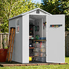 Greesum 4x6FT Plastic Outdoor Storage Shed with Floor, Resin Storaged Sheds with Lockable Door, Window & Vent, All-Weather Tool House for Garden, Backyard, Patio, Light Gray (One-Piece Panel)