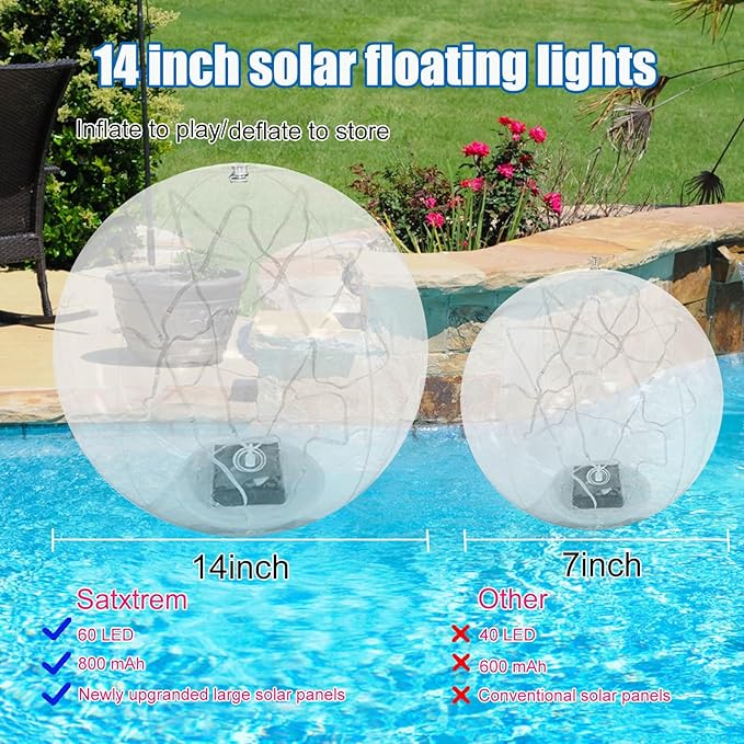 Solar Powered Floating Pool Lights - 14" Inflatable Waterproof Floating Light UP Pool Glow Balls, 3000K Warm-White Led Pool Lights That Float for Party Decorations, Outdoor Patio Detor (4)