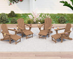 KINGYES Folding Adjustable Adirondack Chair with Ottoman & 2 Cup Holders Set of 4, HDEP Reclining Adirondack Chair with Footrest, Brown