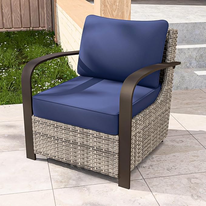 COOS BAY Aurora Terrace Outdoor Chairs with Cushions, Wicker Dining Set with Deep 4-Inch Seating, Modern Curved Armrest Porch Chairs, Set of 1, Beige/Blue