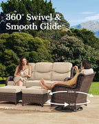 HILLGA Luxury Patio Furniture Set with 6-inch Thick Cushion, Outdoor Couch, Loveseat and High Back Swivel Rocker Patio Chairs, 7PCS Wicker Conversation Set for Deck Yard and Poolside, Beige (V2)