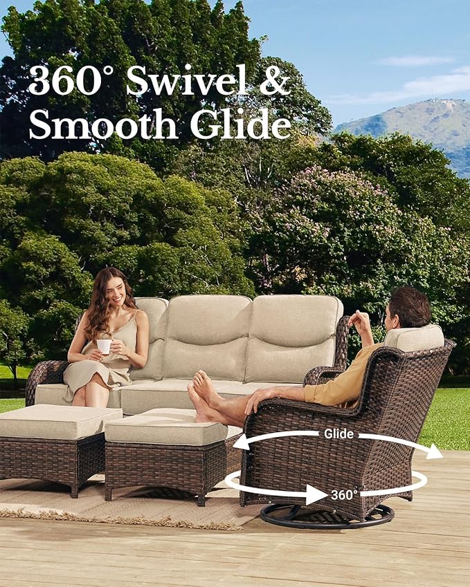 HILLGA Luxury Patio Furniture Set with 6-inch Thick Cushion, Outdoor Couch and High Back Swivel Rocker Patio Chairs, 8PCS Wicker Conversation Set for Deck Yard and Poolside, Beige (V2)