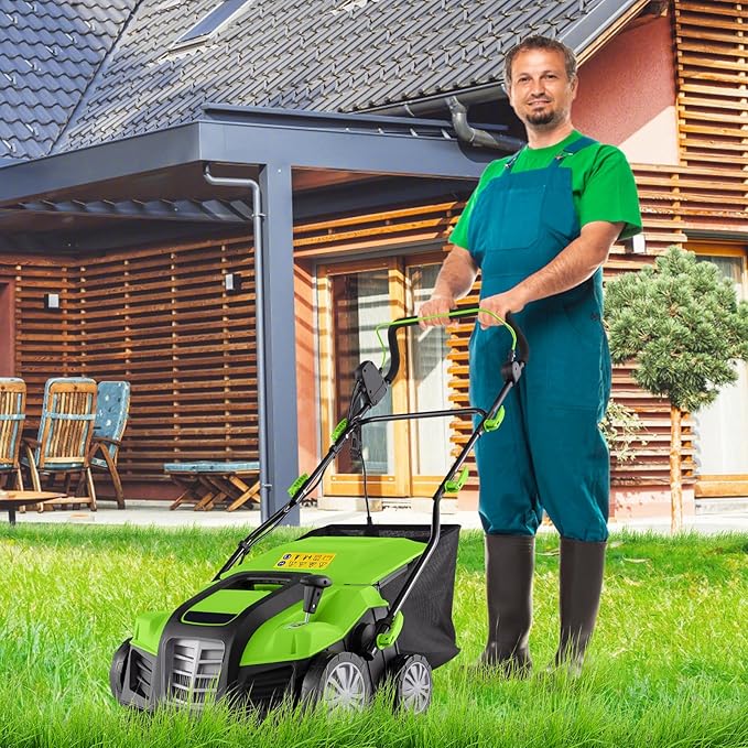 Goplus 2-in-1 Scarifier and Lawn Dethatcher, 16-Inch 15A Corded Electric Dethatcher w/ 14.5-Gal Collection Bag, 3-Position Height Adjustment & 5-Position Depth Adjustment, for Grass Garden Yard