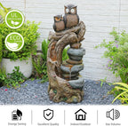 34.3''H Outdoor Water Fountain Owl Tree Stump, 4 - Tier Cascading Waterfall Garden Fountains with LED Lights & Pump Water Feature Resin for Patio, Deck, Yard, Home Decor