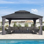 PURPLE LEAF 14' X 16' Outdoor Hardtop Gazebo Aluminum Gazebo with Galvanized Steel Double Roof for Patio Lawn and Garden, Curtains and Netting Included Grey