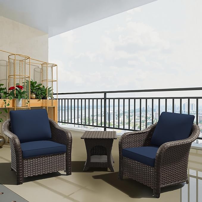 Vista Vibe Outdoor Rattan Chairs Set of 2 with with Coffee Table, All-Weather Patio Conversation Furniture Set with Washable Cushions &Hand-Woven PE Rattan, Garden, Bistro, Deck, Yard (Navy)