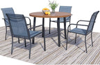 5 Pieces Round Dining Table Set for 4, Patio Dining Set Includes 4 Blue Stackable Patio Chairs and 1 Walnut Round Table, Patio Furniture Sets with Sling Support for Outside, Garden