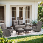 Outdoor Swivel Glider Rocker Chairs Set- 6 Piece Patio Furniture Set with A Glider Loveseat, Tempered Glass Side Table and 2 Ottoman, for Balcony, Porch - Brown Wicker, Grey Cushion