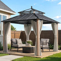 SUNJOY Kingston 10' x 10' Hardtop Gazebo with Galvanized Steel/Polycarbonate Double Roof, Curtain and Netting, Woodgrain Finish Aluminum Posts Permanent Pavilion Gazebo for Garden, Patio, Deck, Lawn