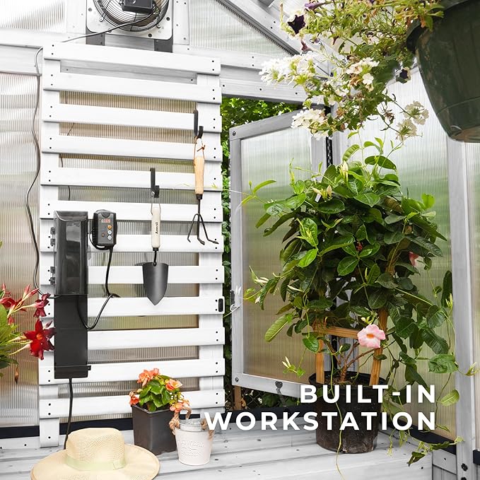 Backyard Discovery Bellerose 9' x 6' White Cedar Wood and Polycarbonate Walk-in Greenhouse Kit with Pergola, Exhaust Fan, Window, Hose Hook-Ups, PowerPort, Staging Shelves for Outdoor Gardening