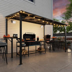 MEISSALIVVE 8' x 12' Wall Mounted Gazebo, Outdoor BBQ Grill Gazebo with Side Shelf, Lean to Metal Awnings with Sloped Roof, Heavy Duty Pergola for Backyard, Deck, Black