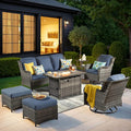 HOOOWOOO Patio Furniture Set,7 Piece Outdoor Furniture Set with Fire Pit Table,Wicker Patio Conversation Couch Swivel Chairs Ottoman Set,Denim Blue