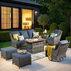 HOOOWOOO Patio Furniture Set,7 Piece Outdoor Furniture Set with Fire Pit Table,Wicker Patio Conversation Couch Swivel Chairs Ottoman Set,Denim Blue