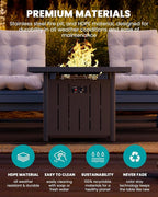 SERWALL 33" Outdoor Fire Pit Table, 50,000 BTU Square Propane Fire Pit Table with Lid, Glass Rock & Glass Wind Guard, HDPE Outdoor Furniture for Patio, Garden, Backyard, Black