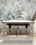 GAOMON Hardtop Spruce Wood Gazebo 12'x16', with Double Roof of Metal Sheets, 4.7'' Heavy Duty Poles, Net, and Curtain, Permanent Building for Patio, Deck, Backyard, Lawn, and Garden, Khaki