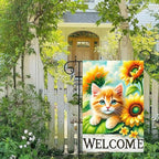 Spring Garden Flag 12x18 Inches Double Sided Cute Cat Welcome Yard Flags Sunflower Summer Seasonal Flower for Outside Decor Home Farmhouse Holiday Decorations