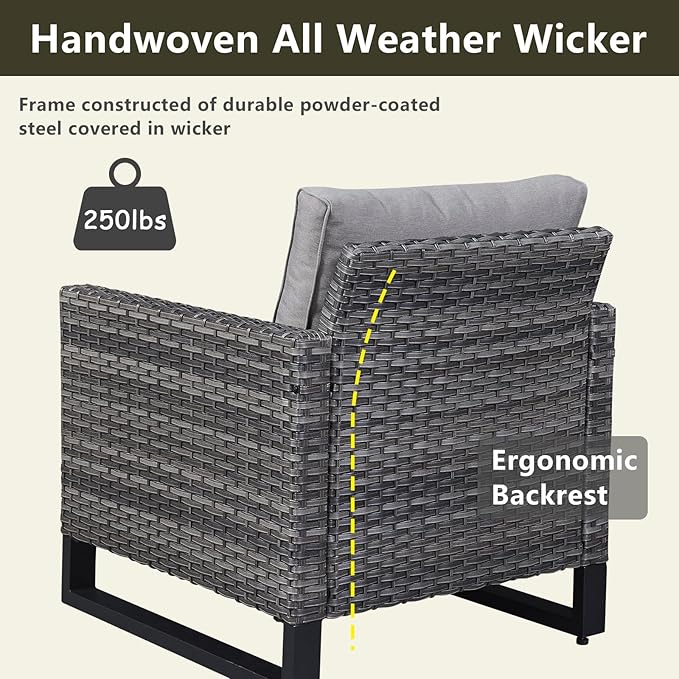Wicker Outdoor Patio Furniture Set - 5 Piece Patio Conversation Set with 2 Wicker Armrest Chairs,2 Rattan Ottoman and 1 Metal Side Table for Outside Porch Deck Backyard Garden(Mixed Grey/Grey)