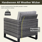 Wicker Outdoor Patio Furniture Set - 5 Piece Patio Conversation Set with 2 Wicker Armrest Chairs,2 Rattan Ottoman and 1 Metal Side Table for Outside Porch Deck Backyard Garden(Mixed Grey/Grey)