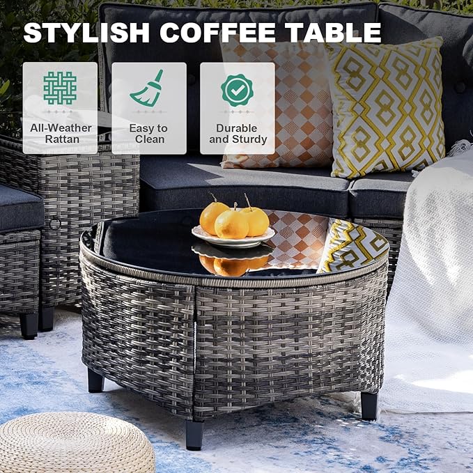 MEISSALIVVE 9-Piece Outdoor Patio Furniture Set, Half-Moon Curved Sectional Set with Wood Armrests, Patio Conversation Set, Tempered Glass Coffee & Side Tables (Grey)