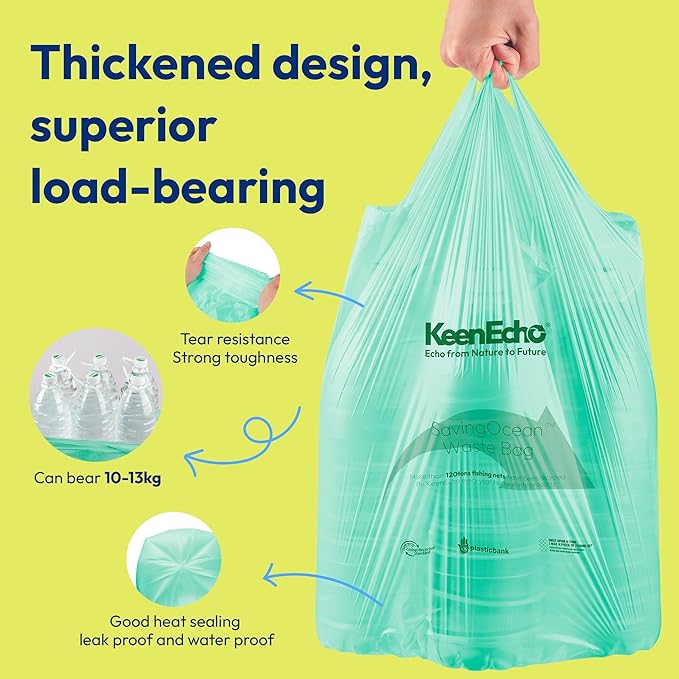 5 Gallon 200 Counts Small Green Trash Bags with Handle, Ocean Fishing Nets Upcycling, Sage & Sea Salt Scented, Plastic Garbage Bags, Waste Bag for Kitchen, Bathroom, Office and Pets