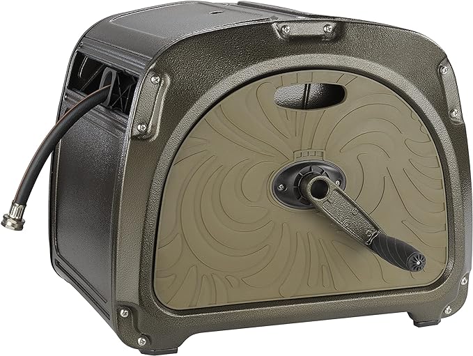 Giraffe Tools SW5-100ft Metal Hose Reel Box, 100 ft Rubber Hose Garden Hose Storage Heavy Duty Reel Hideaway, Crank Handle, 100ft 5/8" Hose, Green