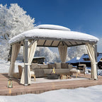 YOLENY 12'x14' Hardtop Gazebo, Permanent Outdoor Aluminum Patio Gazebo with Aluminum Composite Double Arc Roof for Patio Lawn and Garden, Curtains and Netting Included