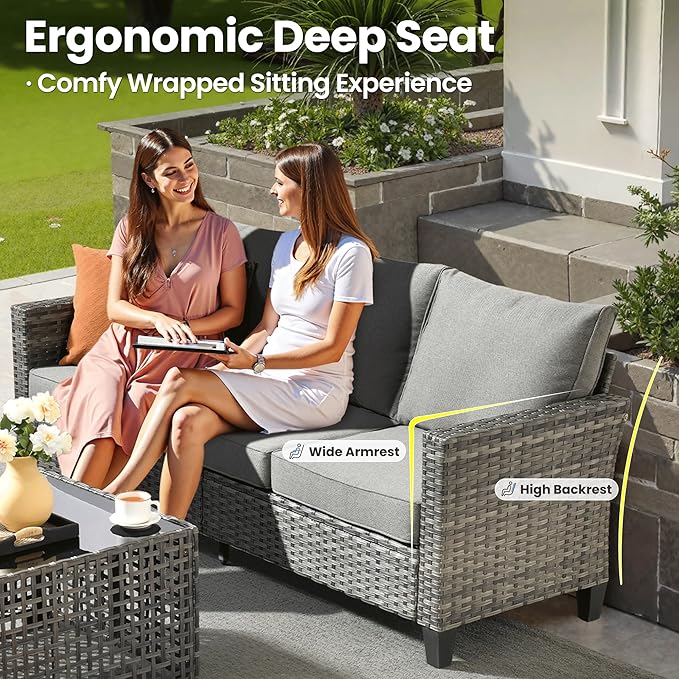 ovios 4 Pieces Patio Furniture Set Outdoor Sofa Couch with Solar Lights Table Comfy Cushions, Modern Deep Seat Wicker Rattan Conversation Set for Porch Deck, Dark Grey
